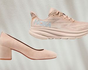 A light pink Hoka sneaker and a light pink heeled shoe on a white background