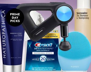 Composite of the Amazon Prime Day Early Deals 2023 on a purple background including Crest 3D Whitestrips Professional Effects Teeth Whitening Strips, Theragun Pro G4, FOREO LUNA 3 Facial Cleansing Brush, Necessaire The Shampoo, and Naturopathica Manuka Honey Creamy Body Lotion