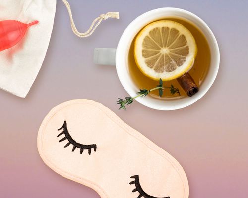 Compilation of tea mug, sleep face mask and period cup on gradient background