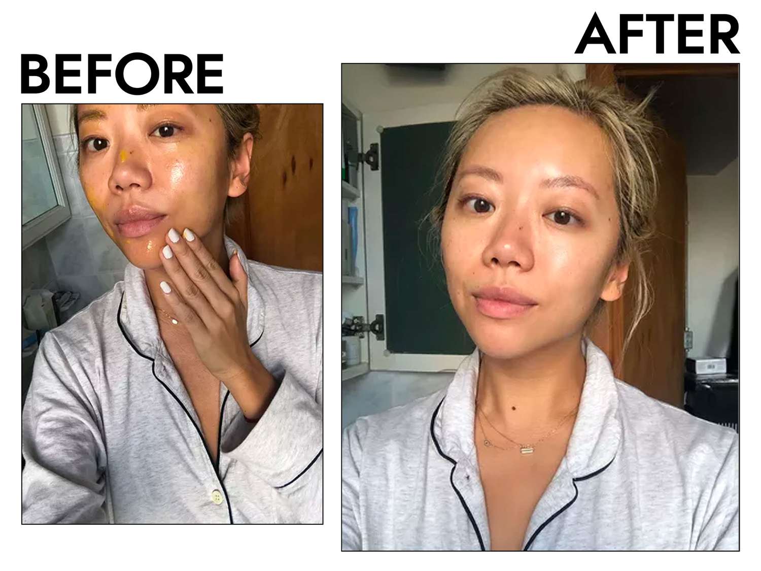 Person's face before and after using Then I Met You Cleansing Balm