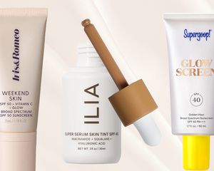 a collage of the best tinted sunscreens on a tan background