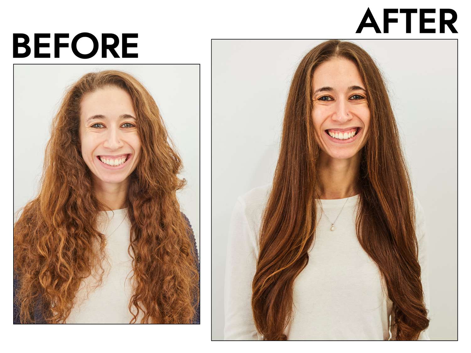 Person's hair before and after using Zuvi Halo Hair Dryer