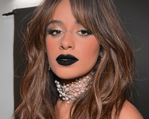 Close up of Camilla Cabello wearing black lipstick