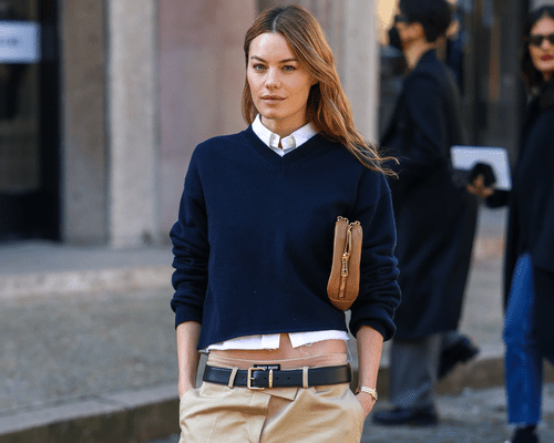 Camille Rowe outside the 2023 Miu Miu show wearing Miu Miu underwear