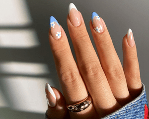 blue floral french nails