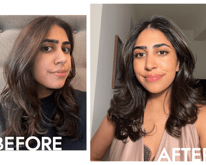 Byrdie writer Iman Balagam before and after applying the Glaze Super Color Conditioning hair gloss in Caramel Lights