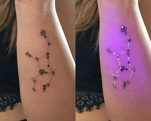 A side by side of a tattoo looking like regular ink and then how it glows in the dark