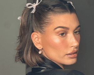 Hailey Bieber wearing pink hair bows