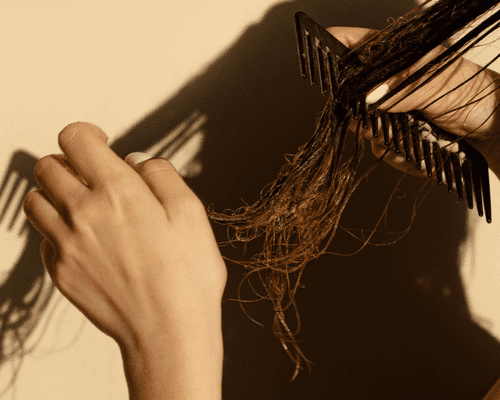 Close up of a hand combing long wet hair. 