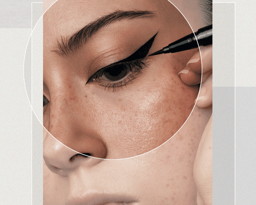 Close Up of Woman Applying Black Liquid Eyeliner in a Cat-Eye Style on a Designed Background