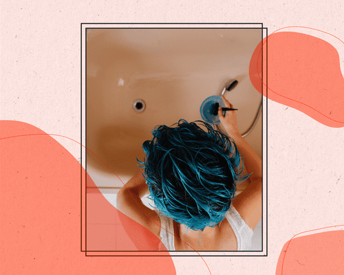 woman dyeing hair blue in bath tub