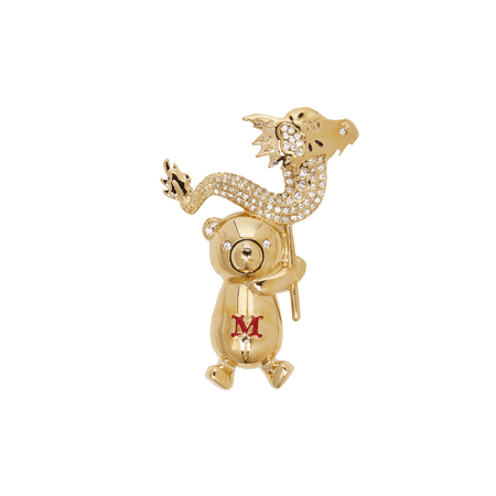 Max Mara Metal Teddy Bear Brooch with dragon in gold with inset gemstones