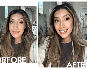 Byrdie writer Karla Ayala's makeup before and after applying the Physicians Formula Murumuru Butter Bronzer