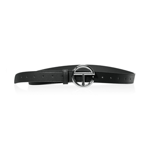 Telfar Logo Belt in black with silver logo buckle