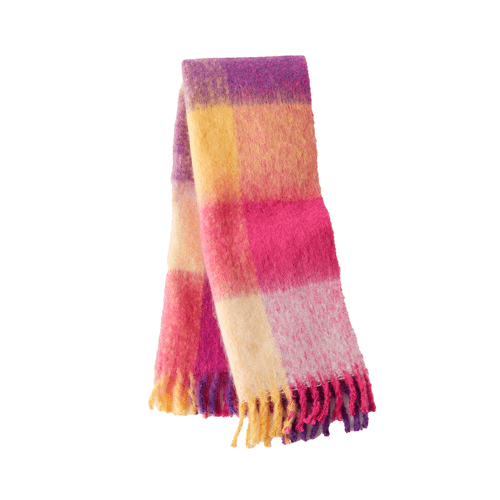 Zara Multi-Color Plaid Scarf in purple, pink, yellow, and orange with fringed ends